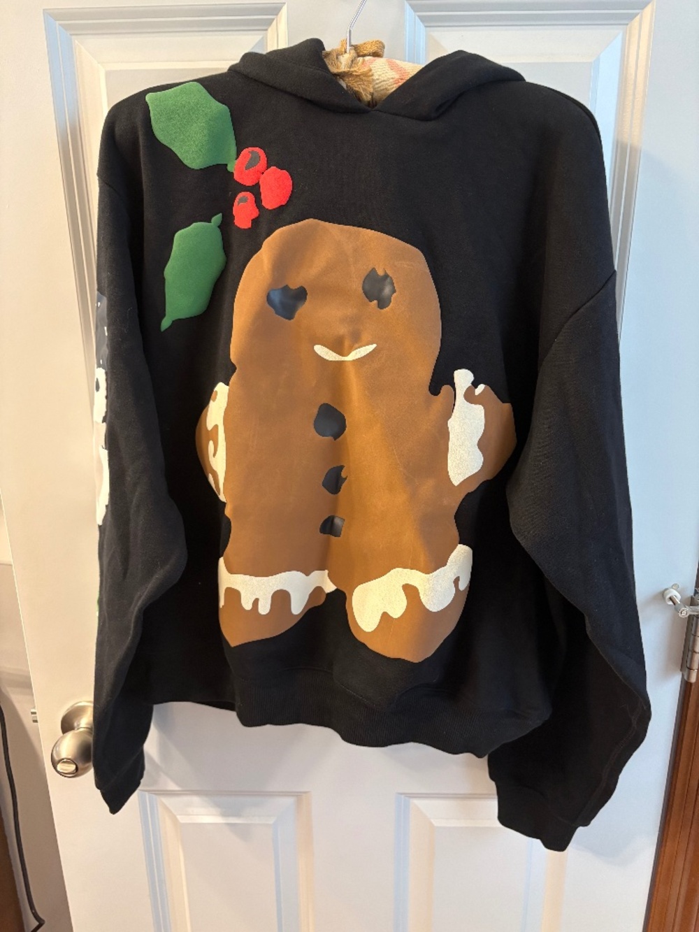 SKIMS Black Hoodie with Gingerbread Graphic and Green Red Accents